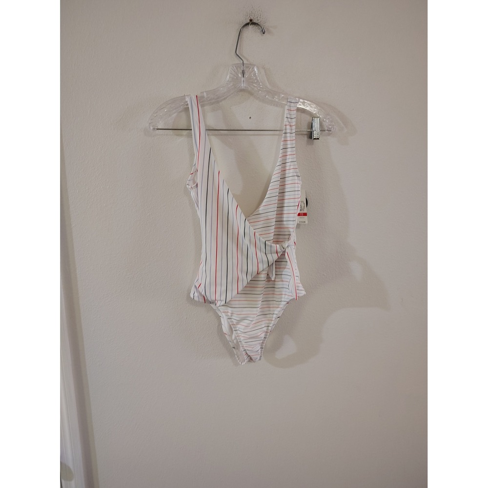 No Boundaries Womens Striped Wrap One Piece Swimsuit White Red Blue Small NWT